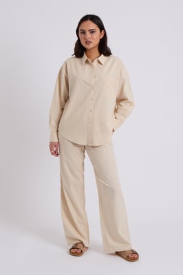 Beige Linen Blend Wide Leg Trouser