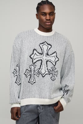 Tall Oversized Boxy Fluffy Cross Jacquard Knitted Jumper