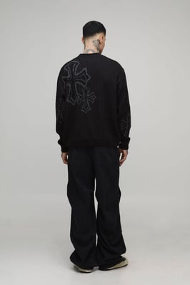 Tall Oversized Boxy Fluffy Cross Jacquard Knitted Jumper