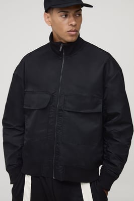 Oversized Fit Chunky Rib Funnel Neck Bomber Jacket