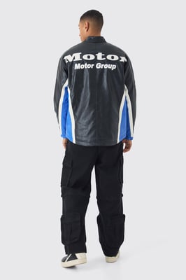Oversized Mesh Panel PU Moto Jacket In Black