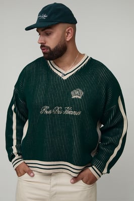 Plus Oversized Knitted Embroidered V Neck Football Top
