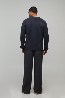 Regular Fit Ribbed V Neck Knitted Jumper
