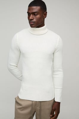 Muscle Fit Ribbed Roll Neck Knitted Jumper