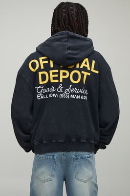 Black Oversized Boxy Loopback Official Washed Zip Through Hoodie