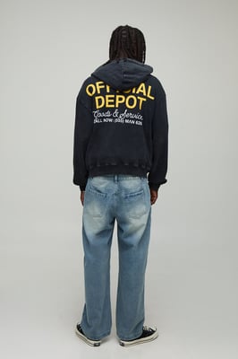 Black Oversized Boxy Loopback Official Washed Zip Through Hoodie