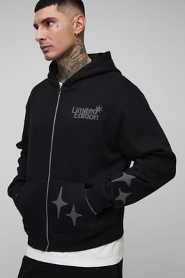 Tall Oversized Boxy Worldwide Puff Print Zip Through Hoodie
