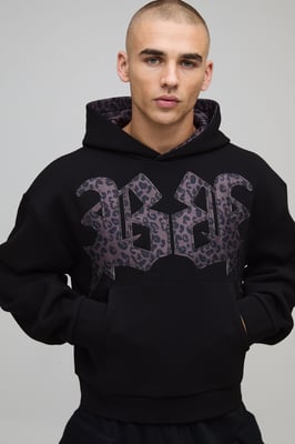 Oversized Shrunken Boxy Leopard Print Applique Hoodie