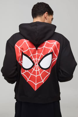 Oversized Boxy Marvel Spider-Man Heart License Printed Hoodie