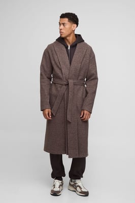 Single Breasted Shawl Collar Self Belted Longline Marl Melton Overcoat