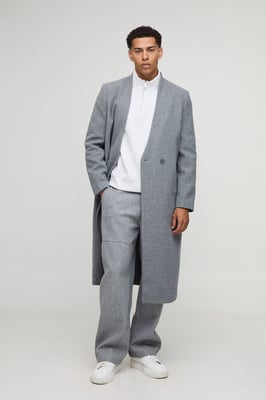 Oversized Longline Double Breasted Collarless Melton Overcoat