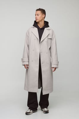 Tall Oversized Double Breasted Trench Overcoat In Stone