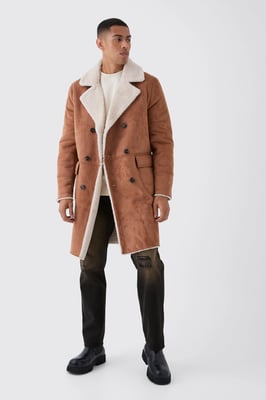 Borg Lined Double Breasted Overcoat in Tan