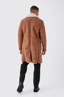 Borg Lined Double Breasted Overcoat in Tan