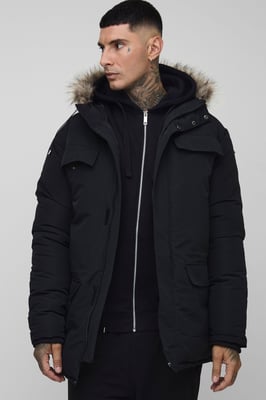 Tall Faux Fur Hooded Arctic Parka Jacket in Black
