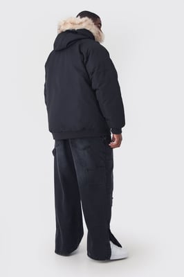 Plus Hooded Parka With Removeable Faux Fur Trim Regular Fit In Black