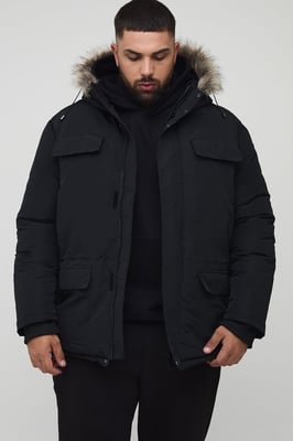 Plus Faux Fur Hooded Arctic Parka Jacket in Black