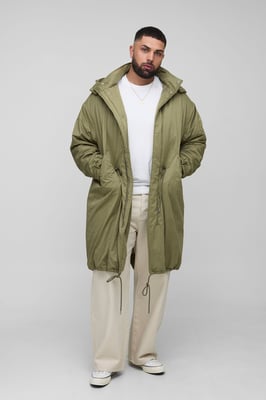 Plus Regular Fit Peached Nylon Funnel Neck Mid Length Parka Jacket