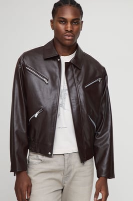 Boxy Fit Zip Detail PU Collared Bomber Jacket