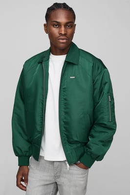 Boxy Fit Satin Look Nylon Collared Bomber Jacket