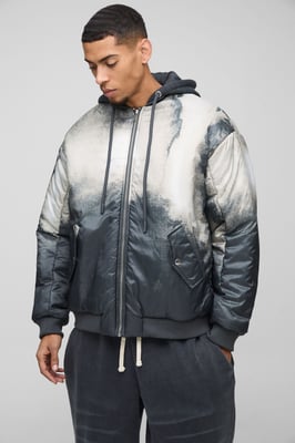 Oversized Abstract Print Hooded Bomber Jacket In Charcoal