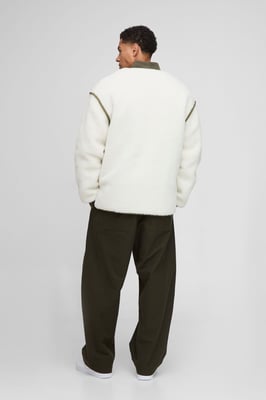 Oversized Fit Nylon Panel Borg Reversible Quilted Bomber Jacket