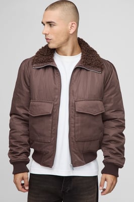 Regular Fit Boucle Borg Collar Nylon Bomber Jacket