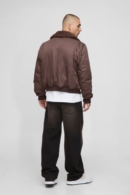 Regular Fit Boucle Borg Collar Nylon Bomber Jacket