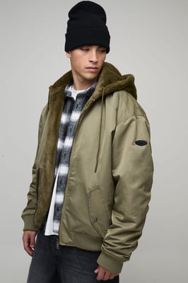 Oversized Faux Fur Hood Nylon Bomber Jacket