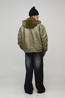 Oversized Faux Fur Hood Nylon Bomber Jacket