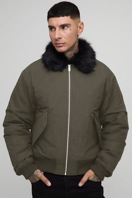 Tall Faux Fur Collar Regular Fit Bomber Jacket