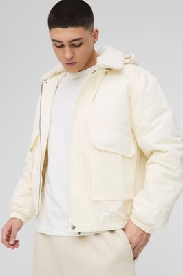 Oversized Borg Collar Twill Hooded Bomber Jacket