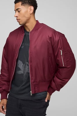 Oversized Boxy Curved Hem Nylon Bomber Jacket