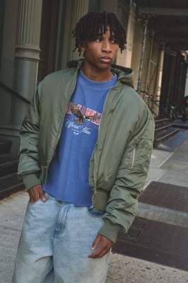 Oversized Boxy Curved Hem Hooded Nylon Bomber Jacket