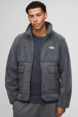 Regular Fit Two Tone Borg Nylon Mix Funnel Neck Zip Through Jacket