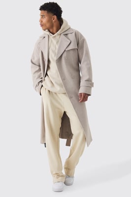 Oversized Double Breasted Trench Overcoat In Stone