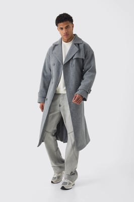 Oversized Double Breasted Trench Overcoat In Grey
