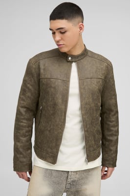 Regular Fit Washed Faux Suede Biker Jacket