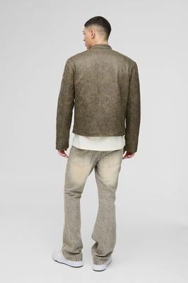 Regular Fit Washed Faux Suede Biker Jacket