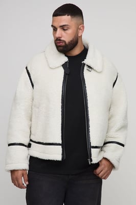 Plus Boxy Oversized PU Trim Borg Aviator Jacket