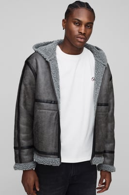 Regular Fit PU Seam Hooded Aviator Jacket