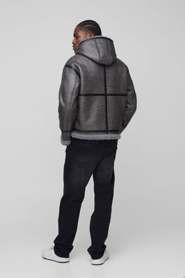 Regular Fit PU Seam Hooded Aviator Jacket