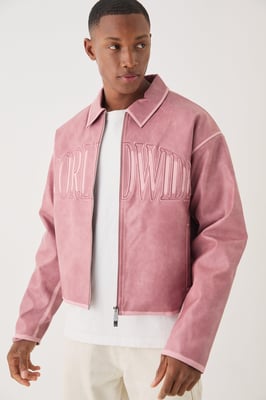 Boxy Tumble PU Applique Harrington Jacket In Pink