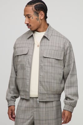Checked Oversized Boxy Cargo Pocket Harrington Jacket