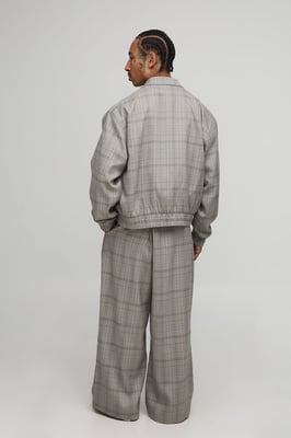 Checked Oversized Boxy Cargo Pocket Harrington Jacket