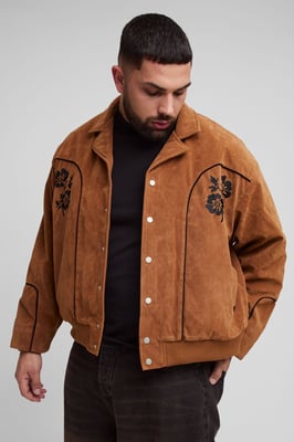 Plus Faux Suede Embroidered Oversized Boxy Fit Western Jacket