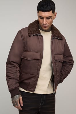 Tall Regular Fit Boucle Borg Collar Nylon Bomber Jacket