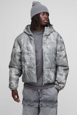 Oversized Boxy Fit Denim Look PU Hooded Puffer Jacket