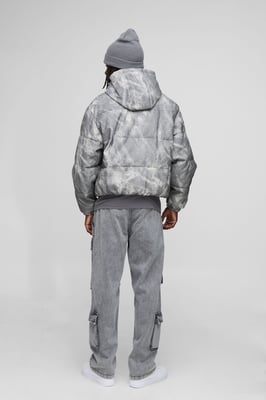 Oversized Boxy Fit Denim Look PU Hooded Puffer Jacket