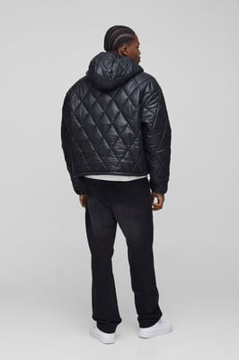 Oversized Boxy High Sheen Diamond Quilted Hooded Funnel Puffer Jacket